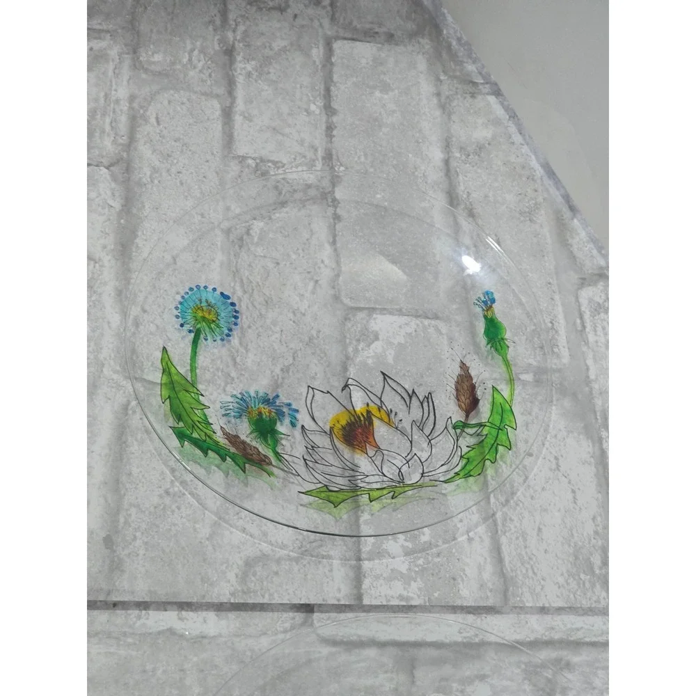 Hand painted‎ Signed Glass Salad Dessert Plates Reverse Floral Entomologist
